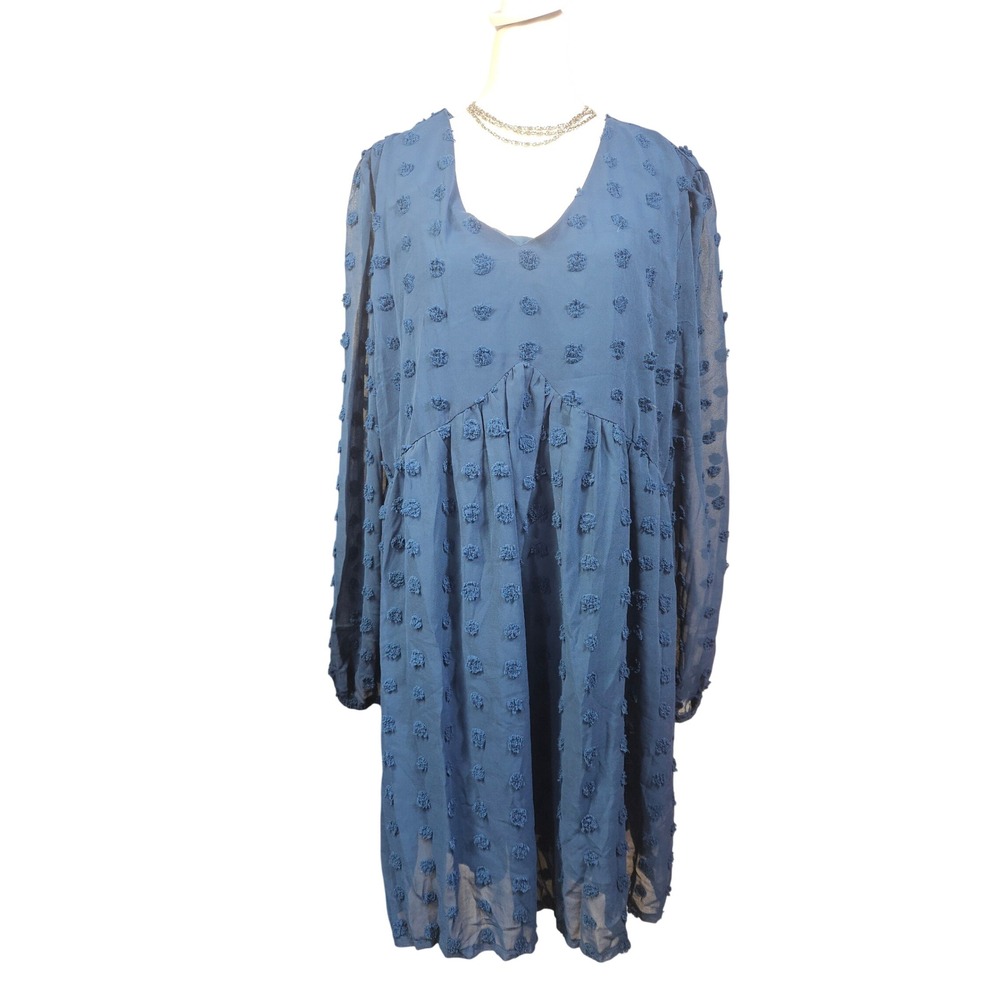 Kirundo Womens XL Teal Blue Swiss Dot V-Neck Long Sleeve Babydoll Mini Dress NWT
